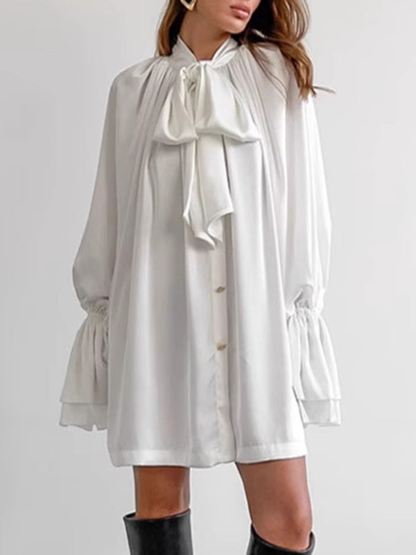Buttoned Elasticity Pleated Solid Color Tied Zipper A-Line Flared Sleeves Stand Collar Mini Dresses