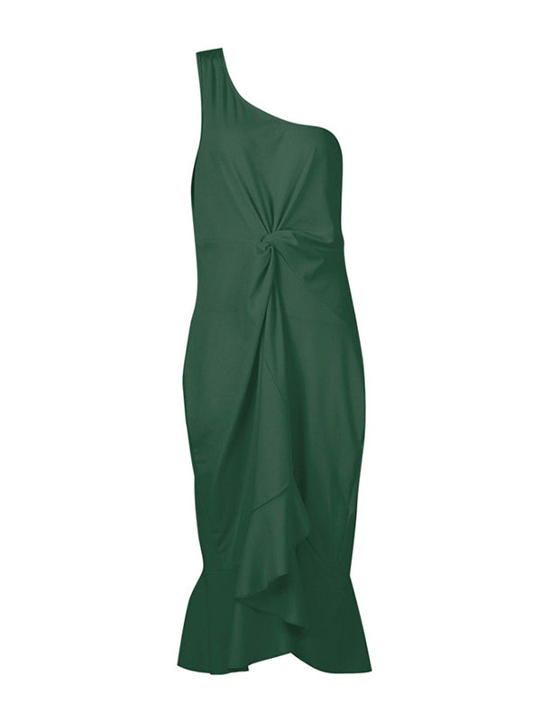 Asymmetric Pleated Solid Color Bodycon High Waisted One-Shoulder Midi Dresses