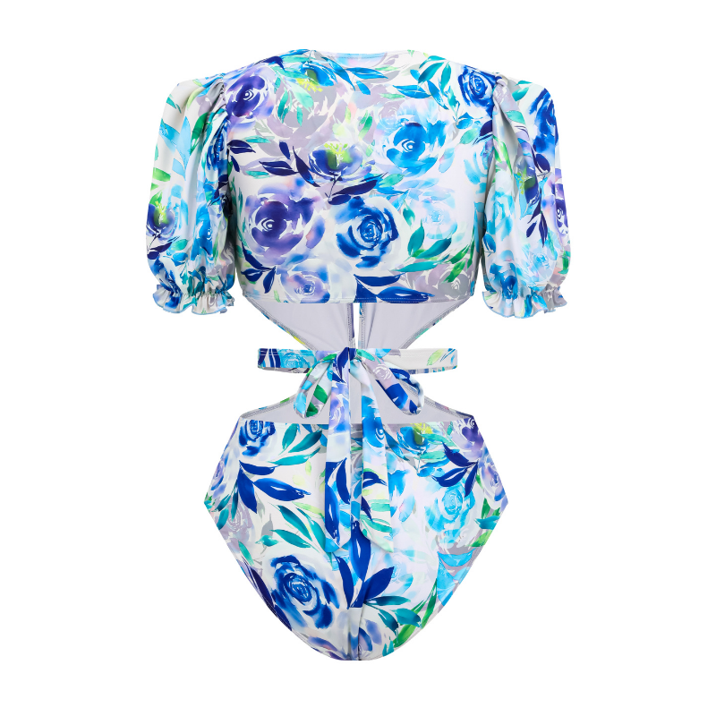 Cutout Puff Sleeve Printed One Piece Swimsuit and Sarong Flaxmaker