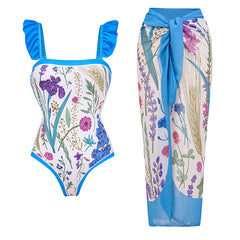 Ruffle Printed  One Piece Swimsuit and Sarong Flaxmaker