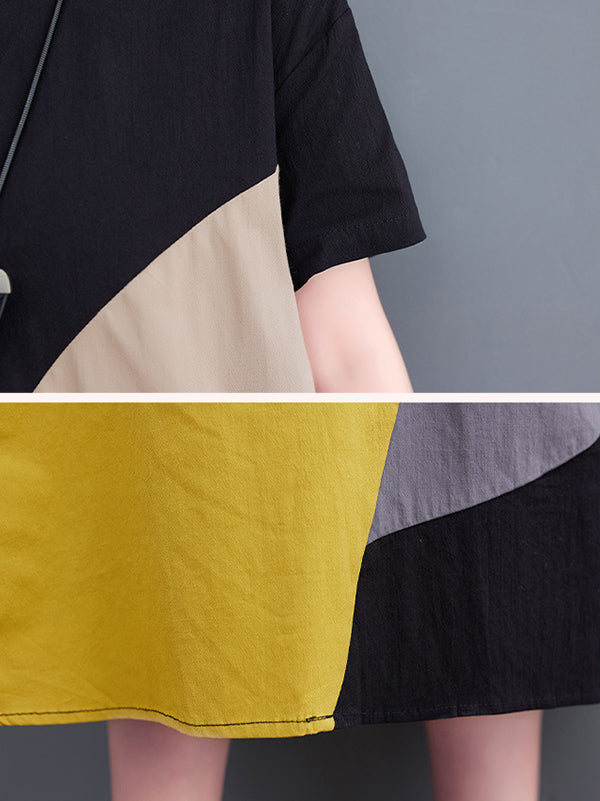 Color-Block Contrast Color Split-Joint Loose Oversize Lapel Shirt Dress Midi Dresses