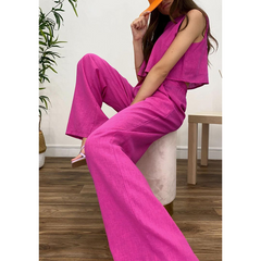 Cotton and Linen Sleeveless Solid Color Two Piece Set