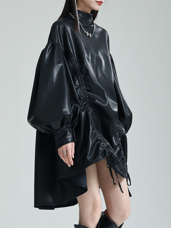 Drawstring Pleated Solid Color High-Low Long Sleeves Stand Collar Mini Dresses