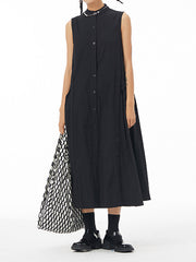 Pleated Solid Color Loose Sleeveless Stand Collar Shirt Dress Midi Dresses