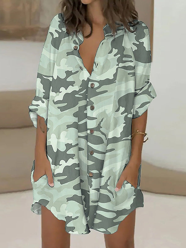 Buttoned Camouflage Long Sleeves Loose Lapel Shirt Dress Mini Dresses