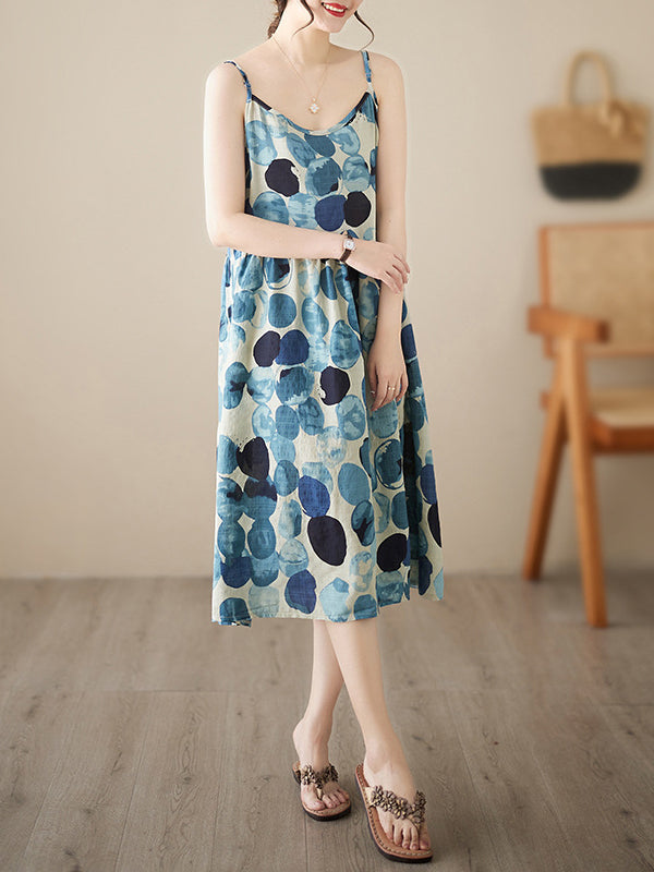 Pleated Printed Split-Joint Loose Sleeveless Spaghetti-Neck Midi Dresses