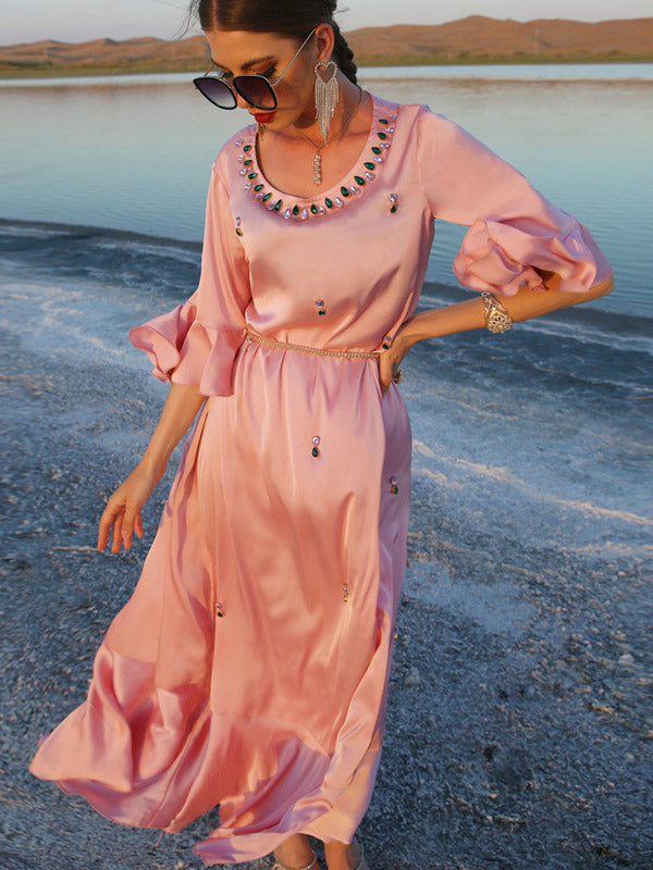 Vacation A-Line Solid Color Midi Dress