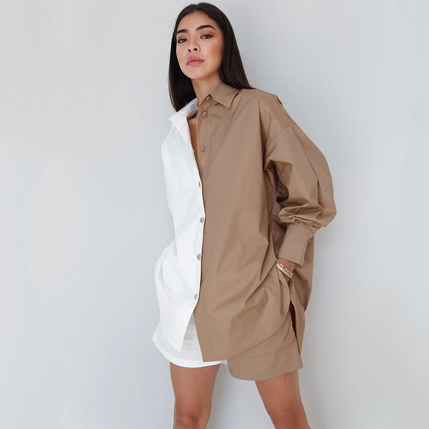 Color Block Long Sleeve Cotton Linen Shirt and Shorts