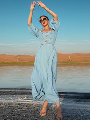 Vacation Loose Puff Sleeves Solid Color One-Shoulder Dress