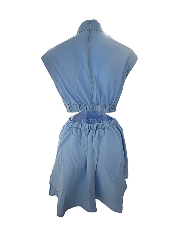 Belly-Hollow Pleated Solid Color Skinny Stand Collar Mini Dresses