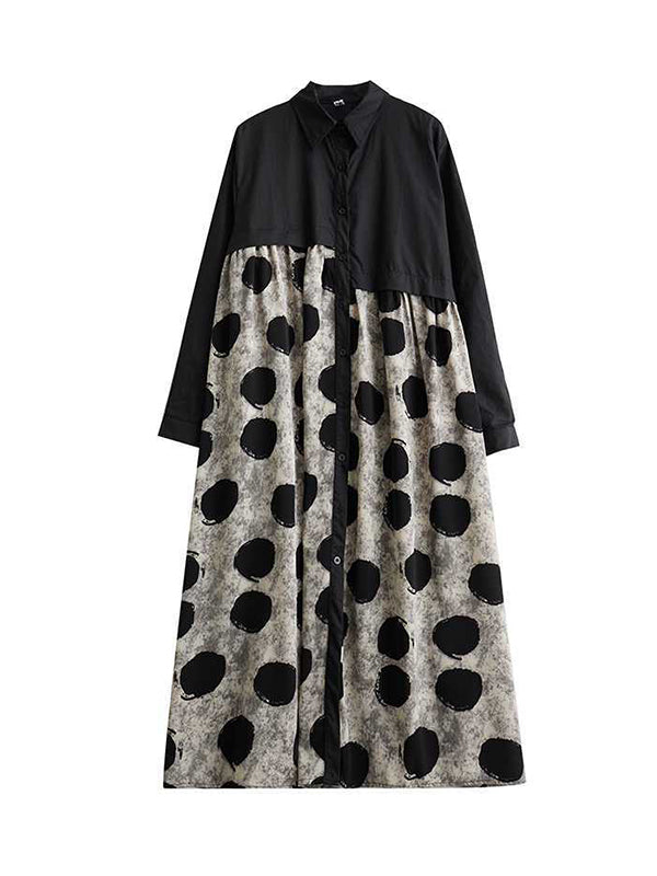 Asymmetric Buttoned Polka-Dot Split-Joint A-Line Long Sleeves Lapel Shirt Dress Midi Dresses