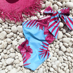One Shoulder Bowknot Printed One Piece Swimsuit Flaxmaker
