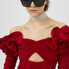 Flaxmaker Red Off Shoulder 3D Flower Long Sleeve One Piece Swimsuit and Skirt