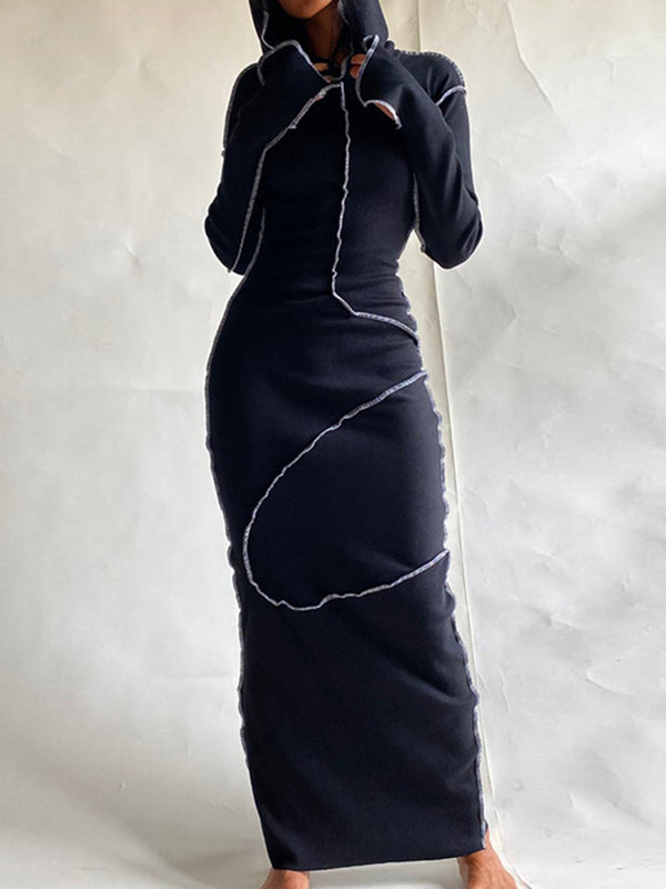 Solid Color Split-Joint Long Sleeves Plus Size Hooded Maxi Dresses
