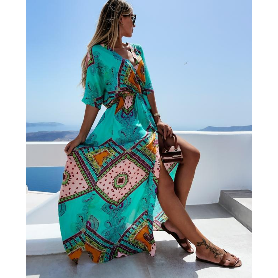 V Neck Ethnic Style Vintage Printed Waist Dress