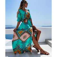 V Neck Ethnic Style Vintage Printed Waist Dress