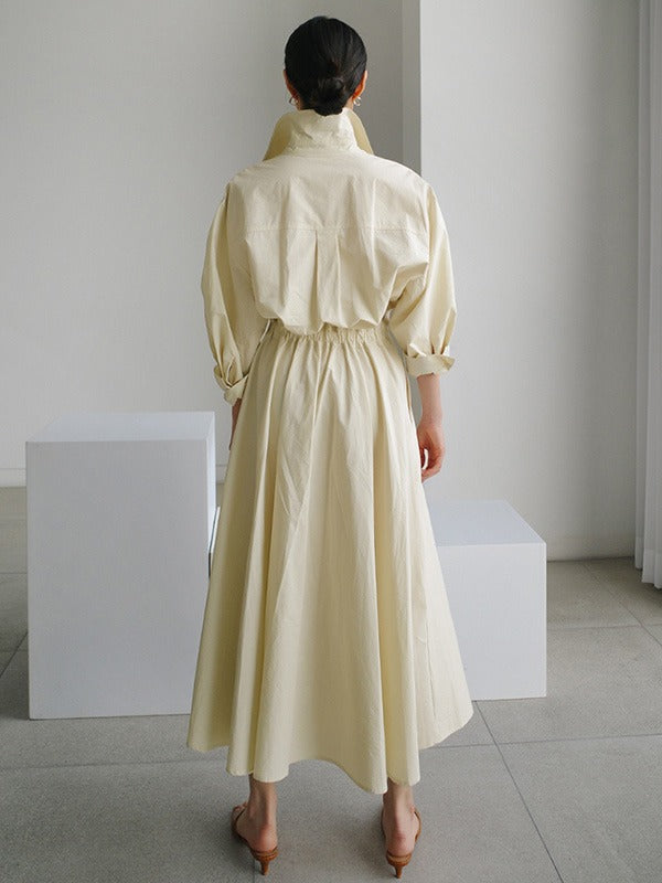 Long Sleeves Loose Pleated Solid Color Split-Joint Tied Waist Lapel Midi Dresses Shirt Dress