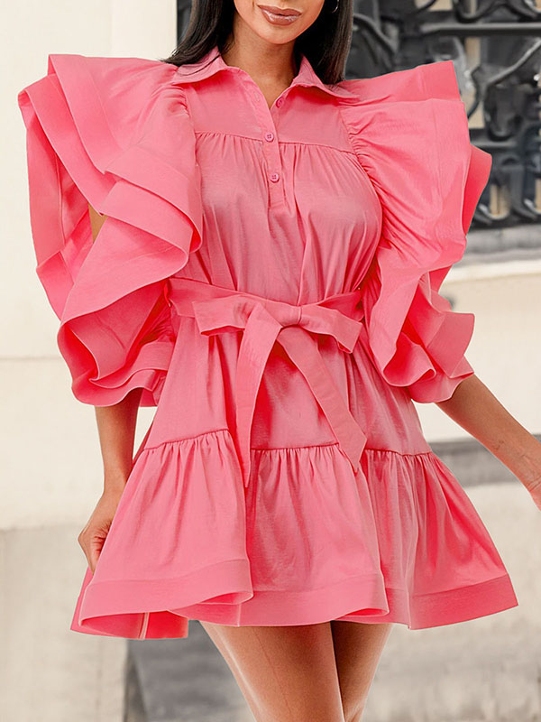 Buttoned Pleated Ruffled Solid Color Tied Waist A-Line High Waisted Lapel Mini Dresses