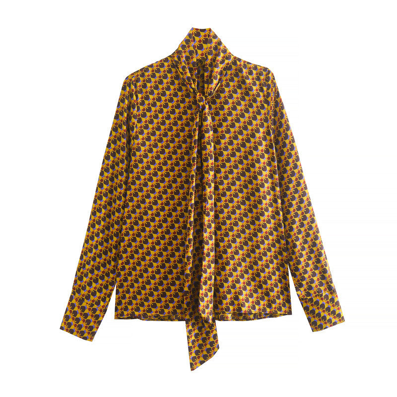 Flaxmaker Retro Geometric Print Tie Neck Shirt Two Piece Pants Set