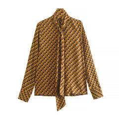 Flaxmaker Retro Geometric Print Tie Neck Shirt Two Piece Pants Set