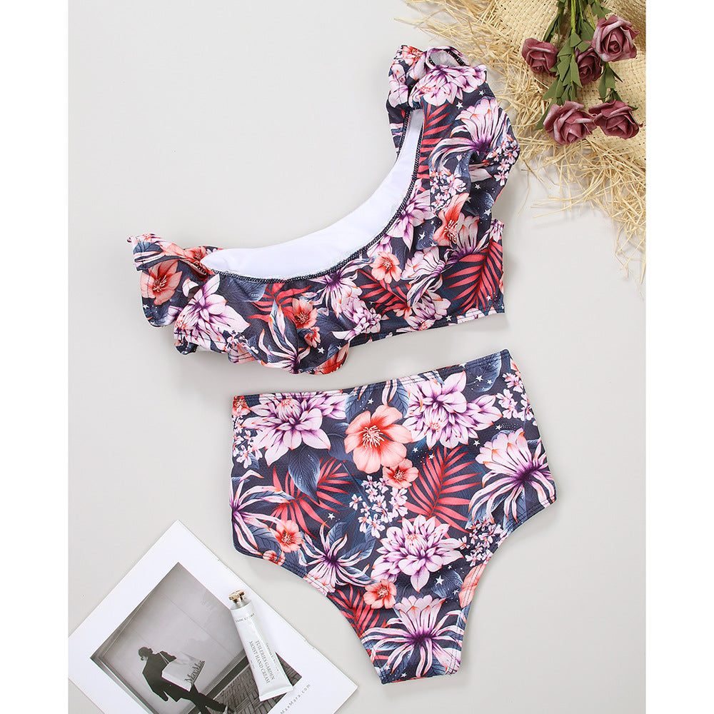 One Shoulder Ruffled White High Waist Bikini Swimsuit Flaxmaker