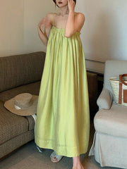 Pleated Solid Color Loose Sleeveless Spaghetti-Neck Slip Dress Midi Dresses