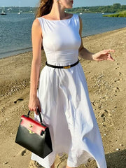 No Belt Pleated Solid Color Zipper A-Line Loose Round-Neck Midi Dresses