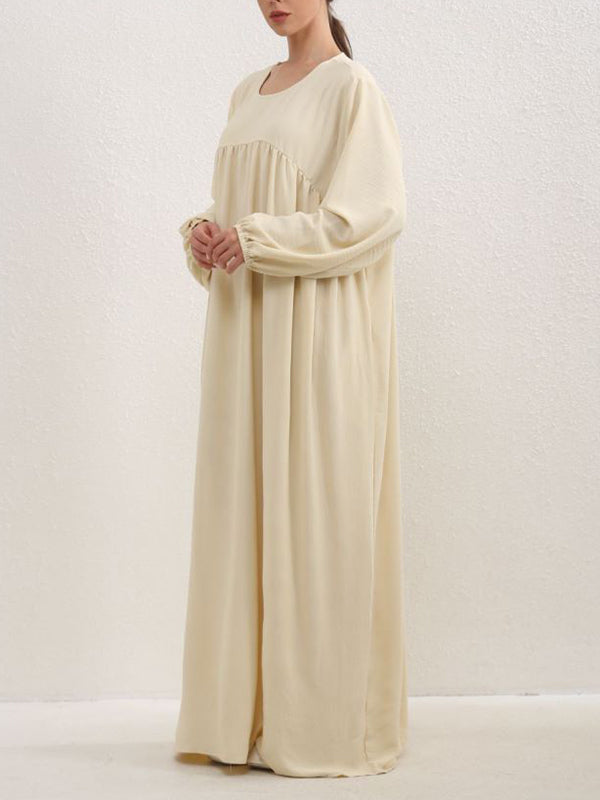 Pleated Solid Color Split-Joint Long Sleeves Loose Round-Neck Maxi Dresses