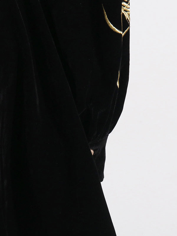 Embroidered Tied Waist Loose Puff Sleeves V-Neck Mini Dresses
