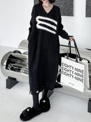 Split-Joint Split-side Long Sleeves Loose V-neck Sweater Dresses Midi Dresses