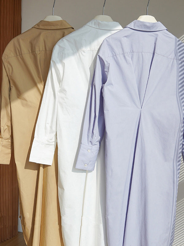 Asymmetric Solid Color Long Sleeves Loose Lapel Shirt Dress