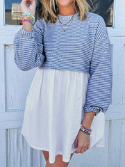 Split-Joint Striped High Waisted Long Sleeves Round-Neck Mini Dresses