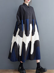 Contrast Color Pleated Printing Split-Joint A-Line Long Sleeves Polo Midi Dresses