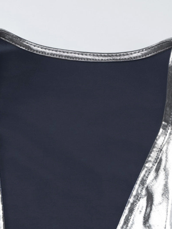 Pleated Shiny Solid Color Split-Joint Bodycon Long Sleeves V-Neck Midi Dresses