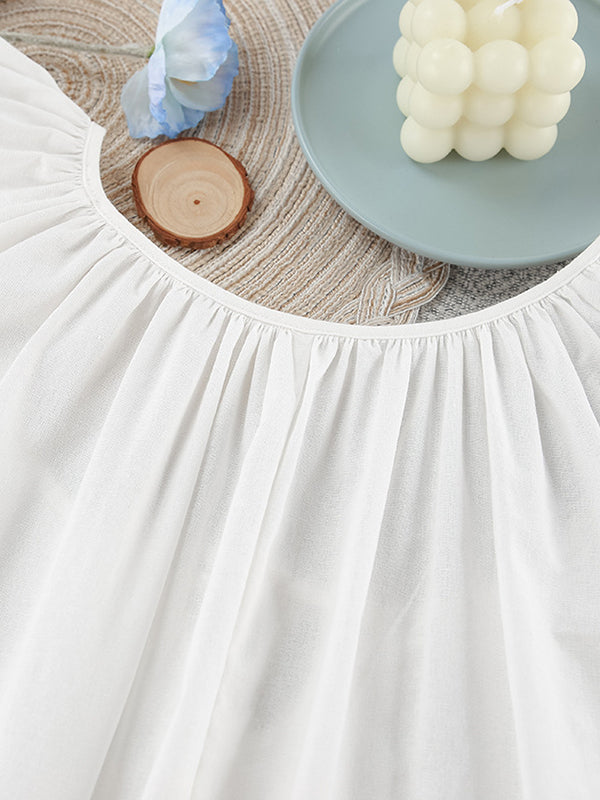 Lace-Up Pleated See-Through Solid Color Loose Puff Sleeves V-Neck Sleep Dress Mini Dresses