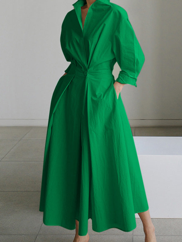 Buttoned Solid Color Long Sleeves Loose Lapel Midi Dresses