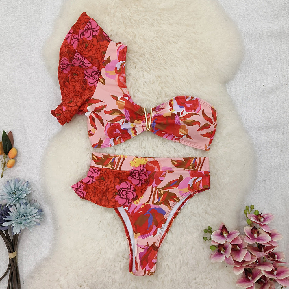 One Shoulder Ruffle Floral Print Bikini Swimsuit