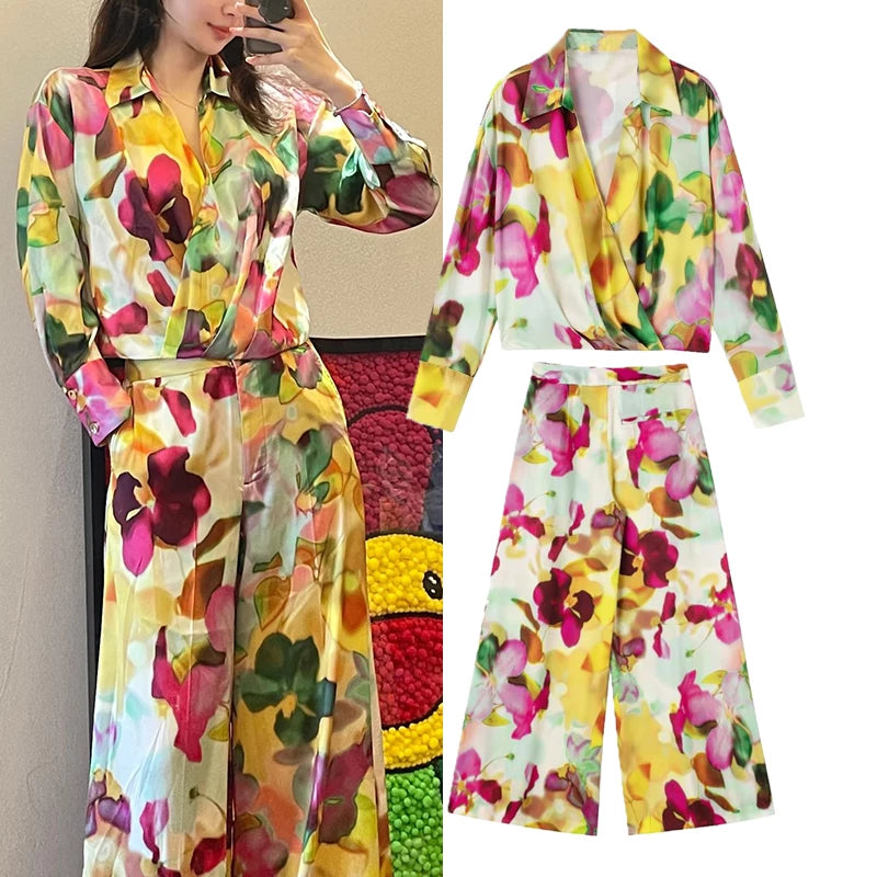 Casual Blossom Printed Two Piece Pants Set Flaxmaker