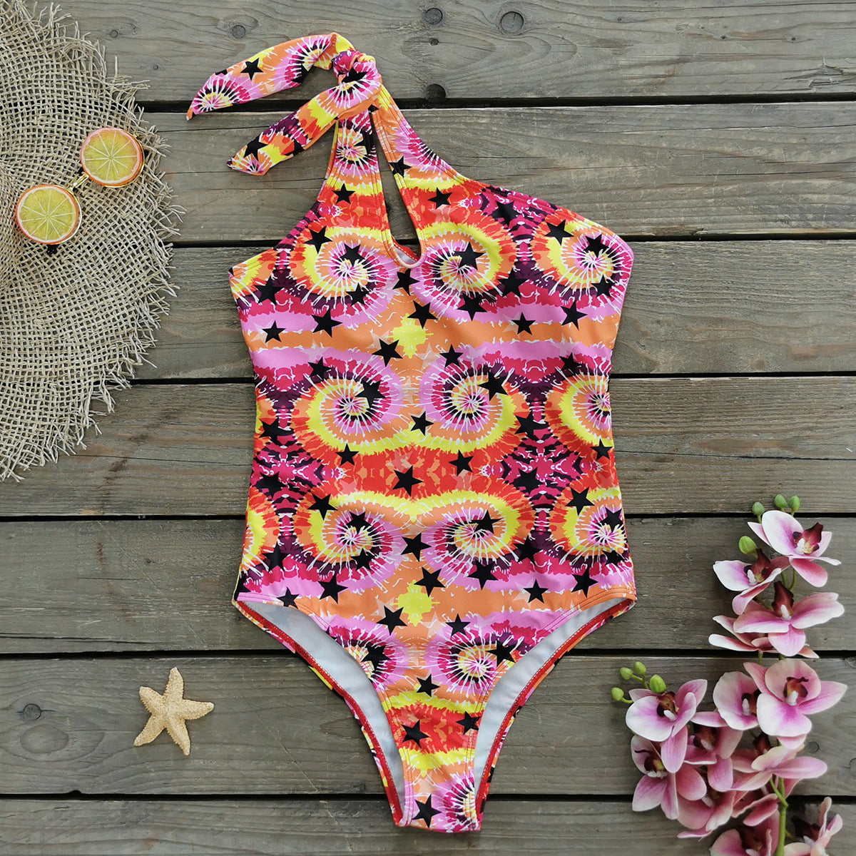One Shoulder Printed One Piece Swimsuit and Sarong