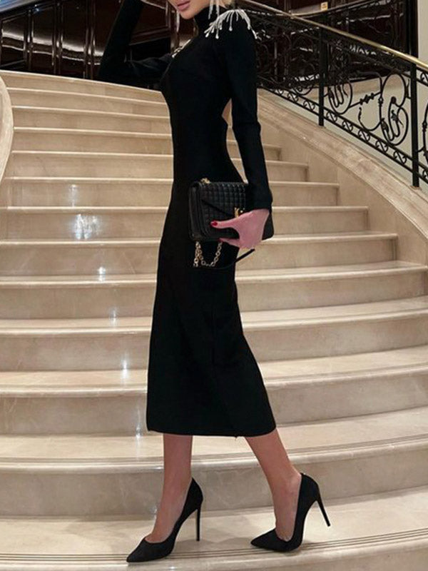 Back Cross Split-side Tasseled Long Sleeves Skinny High Neck Midi Dresses Evening Dresses