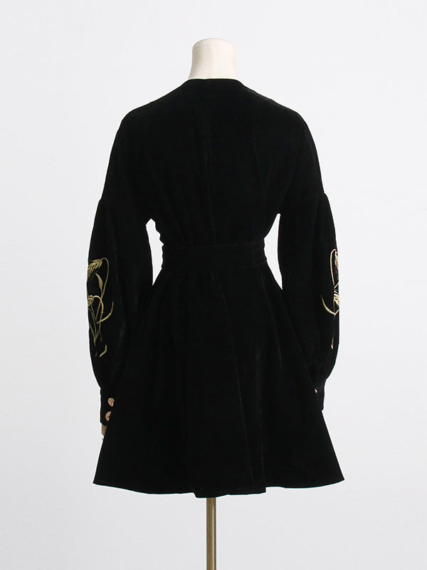 Embroidered Tied Waist Loose Puff Sleeves V-Neck Mini Dresses