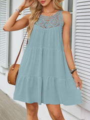 Hollow Pleated Solid Color Split-Joint A-Line Loose Round-Neck Mini Dresses