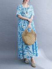 Leaf Pleated Printed Split-Joint Loose Short Sleeves Round-Neck Midi Dresses