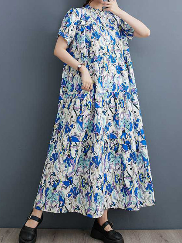 Printed Split-Joint A-Line Loose Stand Collar Midi Dresses