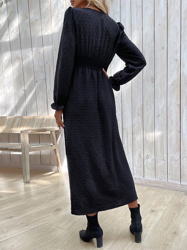 Buttoned Elasticity Solid Color Split-Side A-Line Long Sleeves V-Neck Midi Dresses