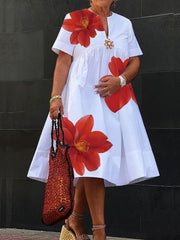 Flower Print Pleated A-Line Loose V-Neck Midi Dresses