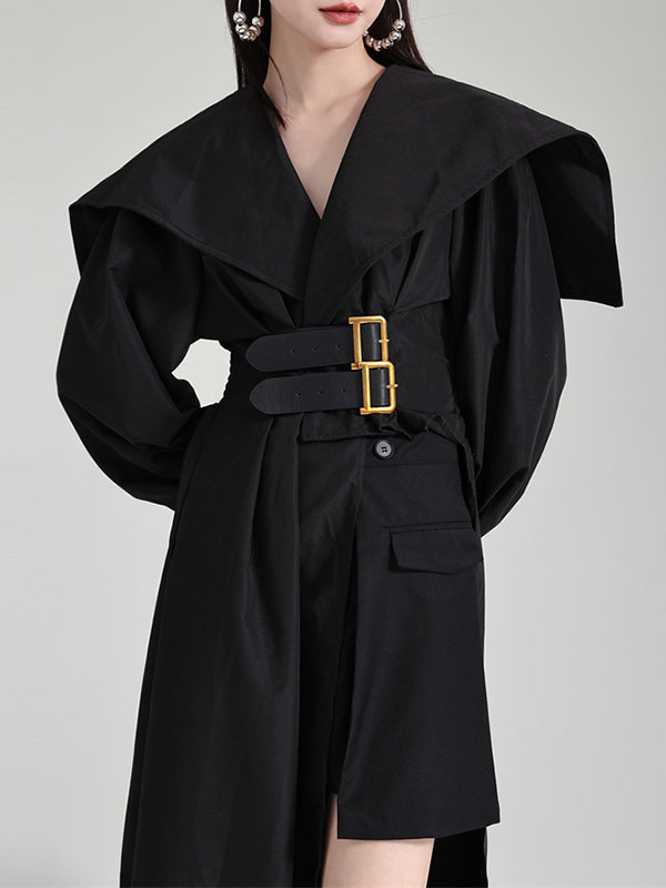 Asymmetric Belted Pleated Solid Color High Waisted Long Sleeves Lapel Midi Dresses