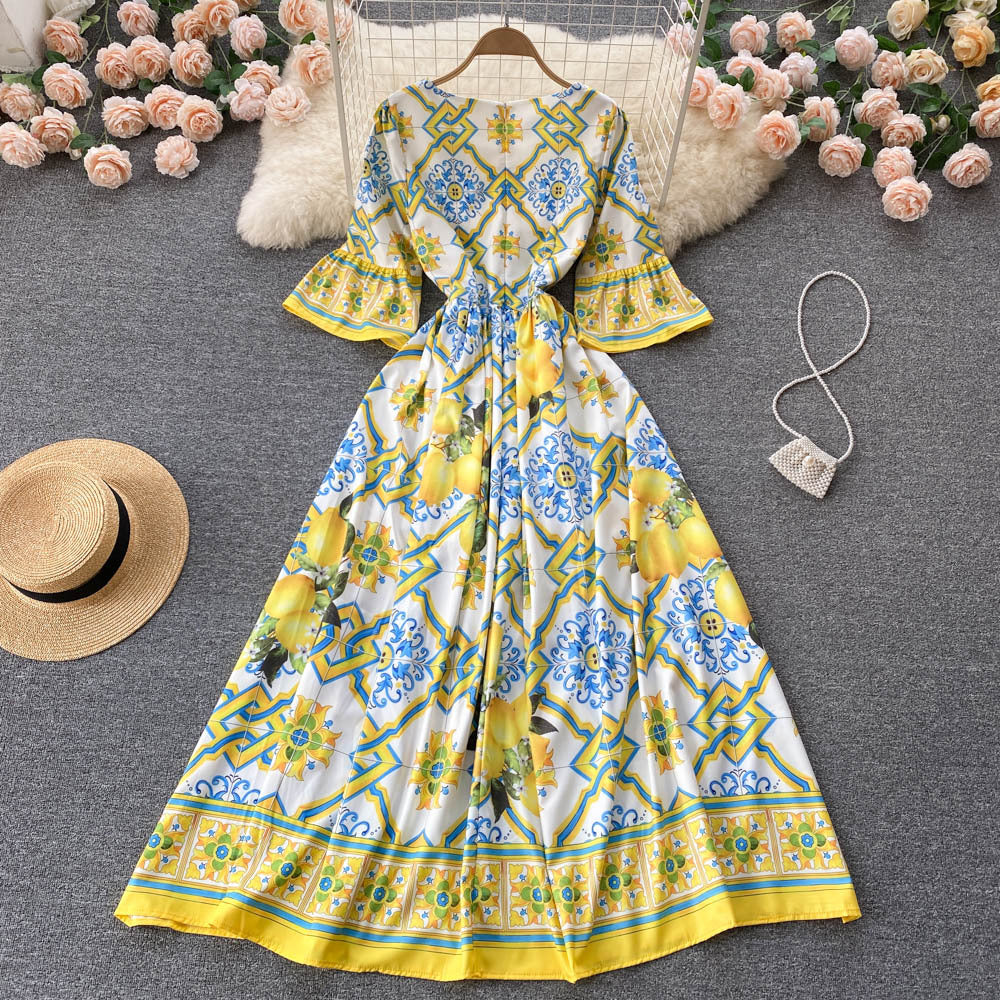 Lemon Print Trumpet Sleeve Maxi Dress Flaxmaker