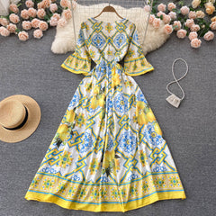 Lemon Print Trumpet Sleeve Maxi Dress Flaxmaker