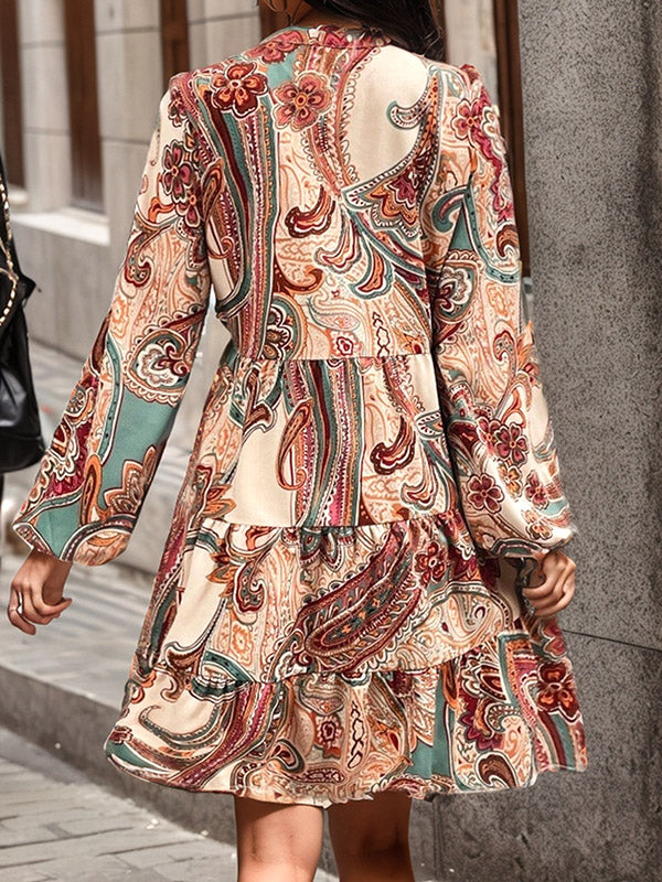 Buttoned Flower Print Split-Joint Long Sleeves Loose V-neck Mini Dresses
